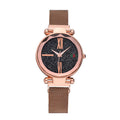 Ladies magnet band quartz watch showing stainless steel strap and 32mm round dial in available colours