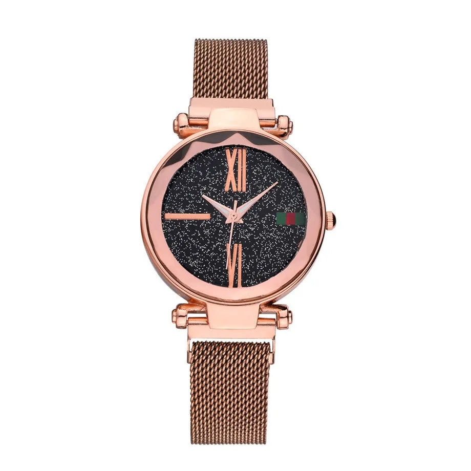 Ladies magnet band quartz watch showing stainless steel strap and 32mm round dial in available colours