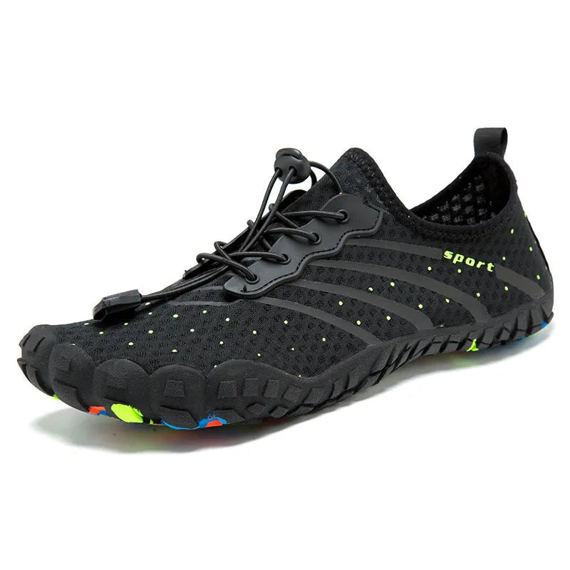 Low-top mesh water shoes with rubber sole shown in army green colour.