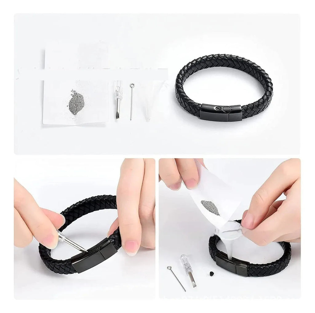 Black stainless steel and leather memorial bracelet with personalised lettering in a gift box.