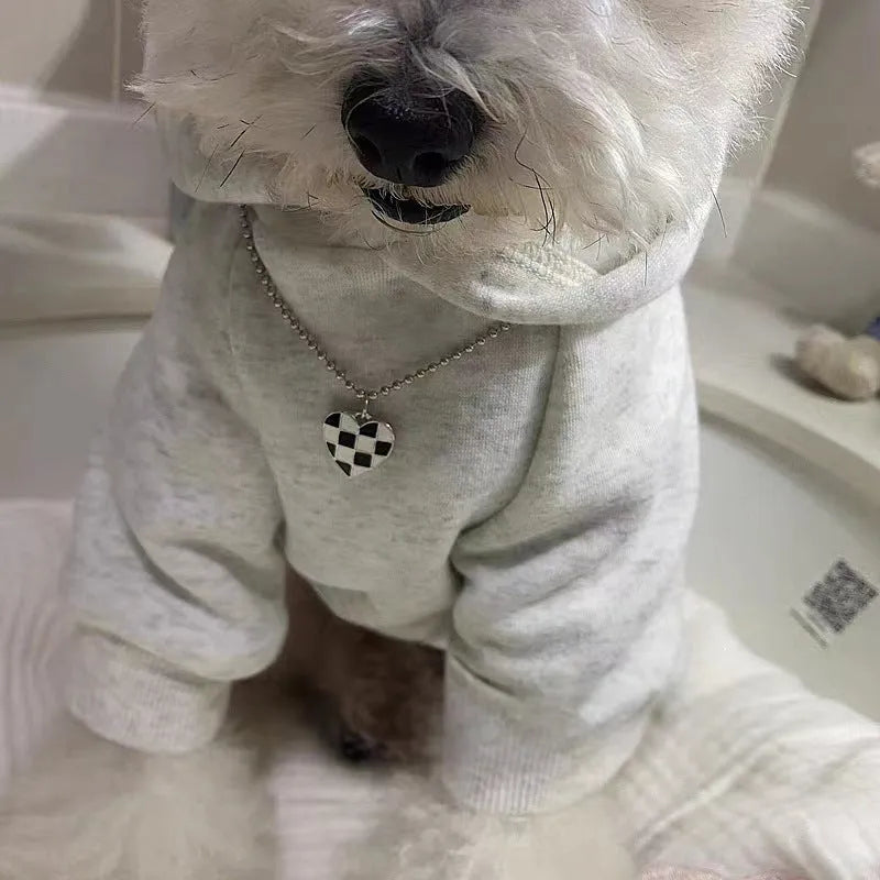 Light gray retro dog hoodie in polyester, pet clothing available in sizes S to 2XL