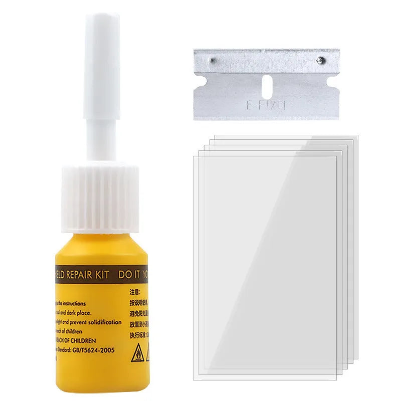 Yellow car glass repair agent tool set for windshield chip and crack repair