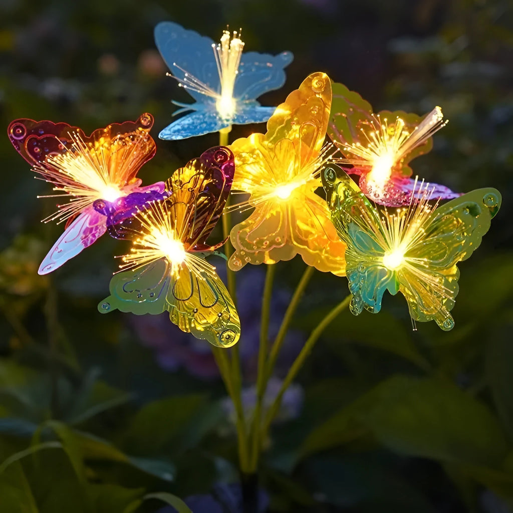 Solar fibre optic garden light in stainless steel with IP55 protection and butterfly, cherry blossom, or mushroom jellyfish style