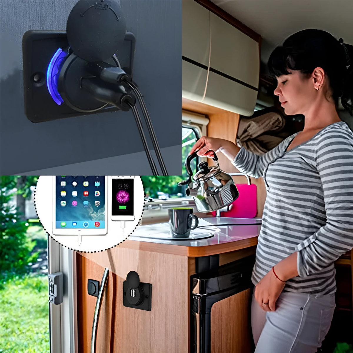Black 12V dual USB car charger for vehicle installation with mounting screws