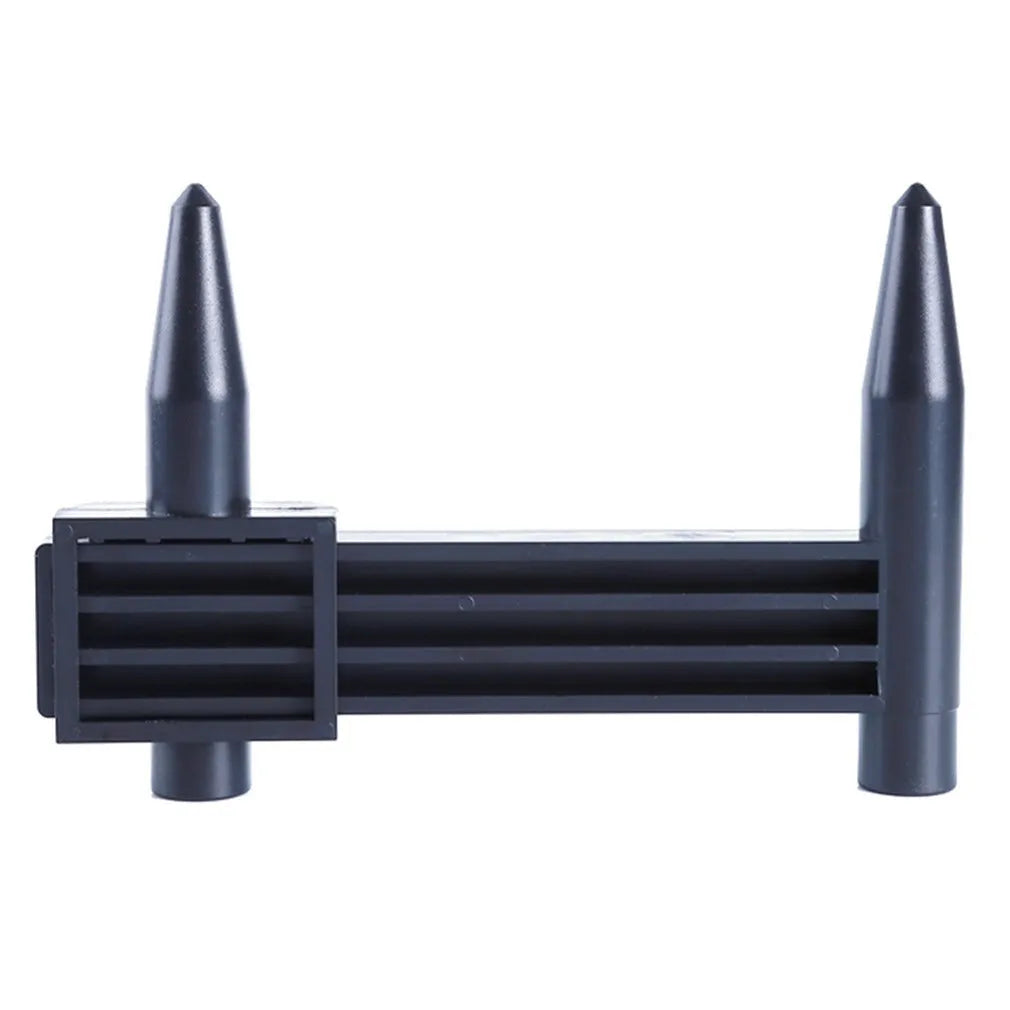A plastic digital hole distance measuring tool with a display, shown measuring the space between two holes.