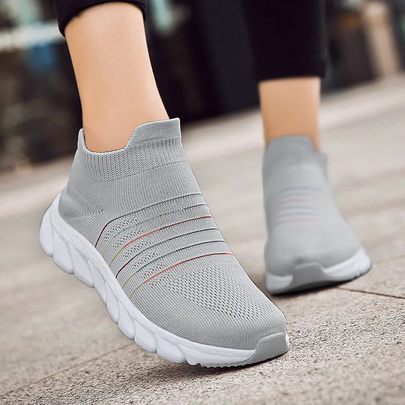 Feizhi women's mesh sock shoes in black side view soft sole slip-on design