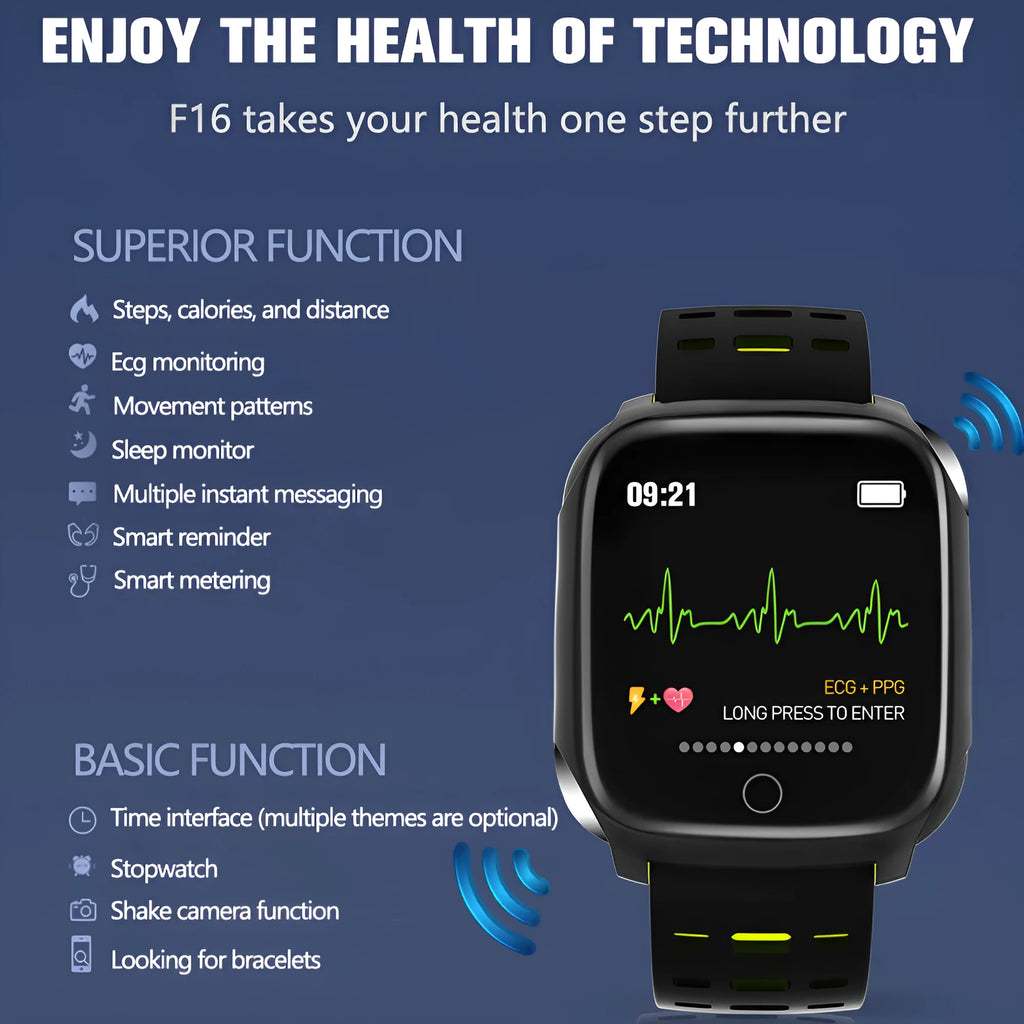 F16 smart watch with black and green silicone strap displaying health metrics on its screen.