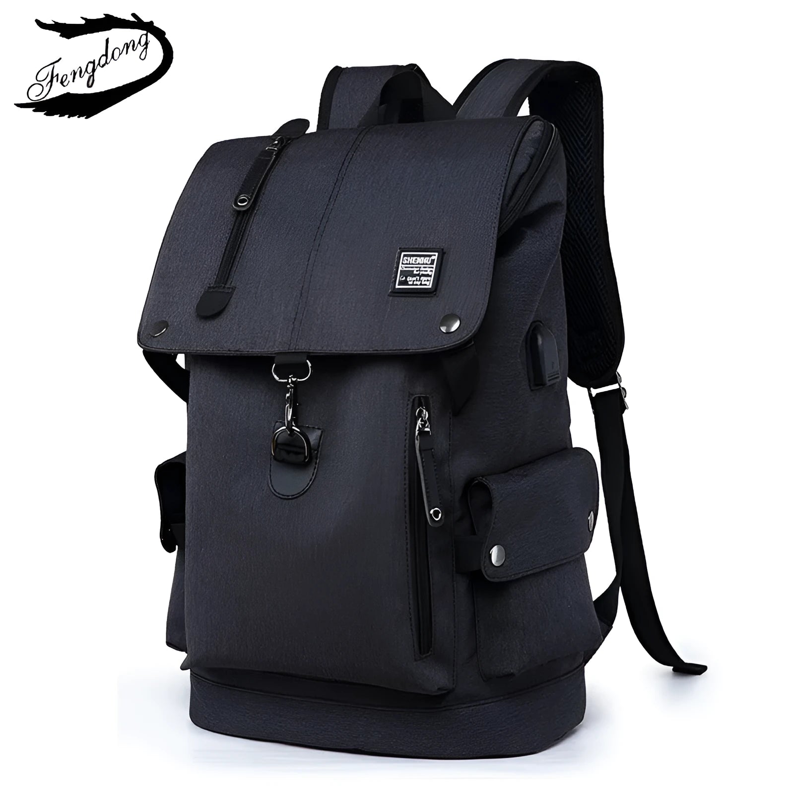 Travel laptop backpack in black with 45x30x17cm dimensions and multiple compartments