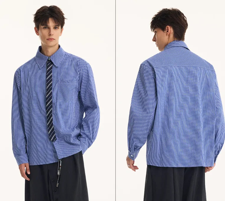 Men's fake two-piece tie shirt, long sleeve, loose fit, black or blue, cotton blend, non-ironing, autumn top
