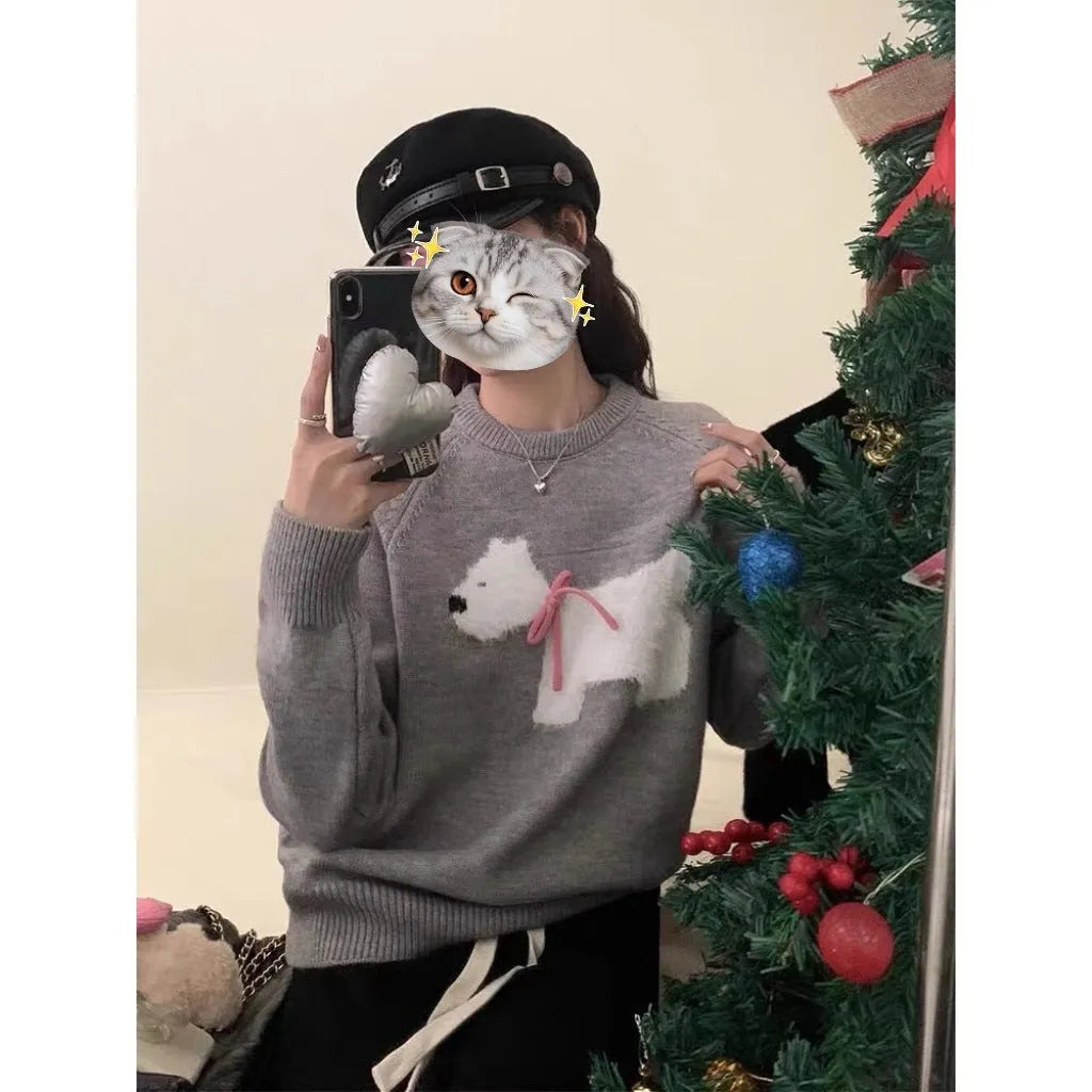 Puppy jacquard Korean pullover sweater in wine red with 3D stereoscopic pattern on wool blend fabric