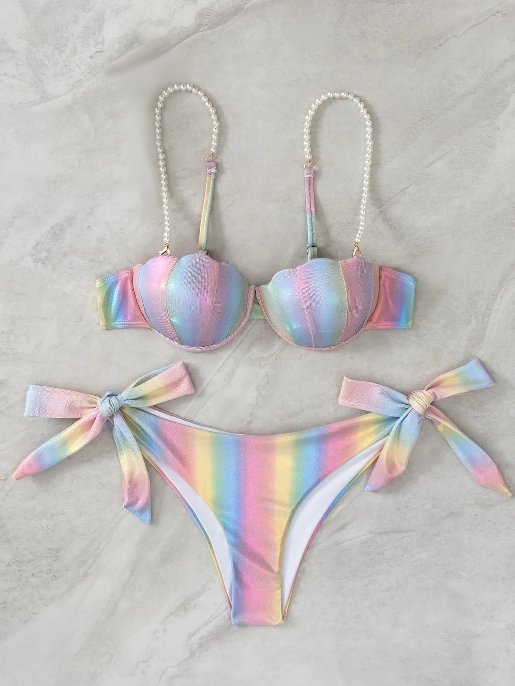 Women's shell rainbow patterned split tied bikini swimsuit with adjustable ties