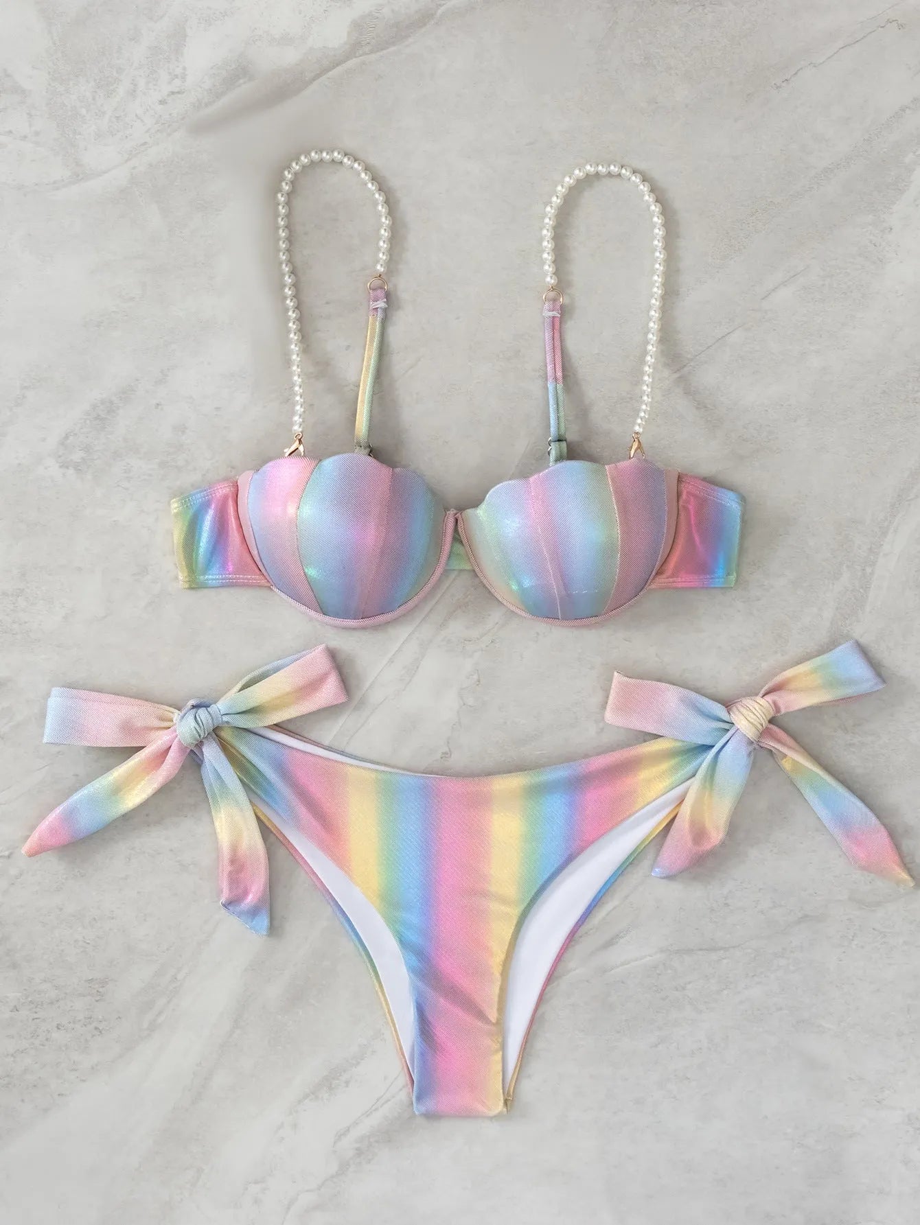 Women's shell rainbow patterned split tied bikini swimsuit with adjustable ties
