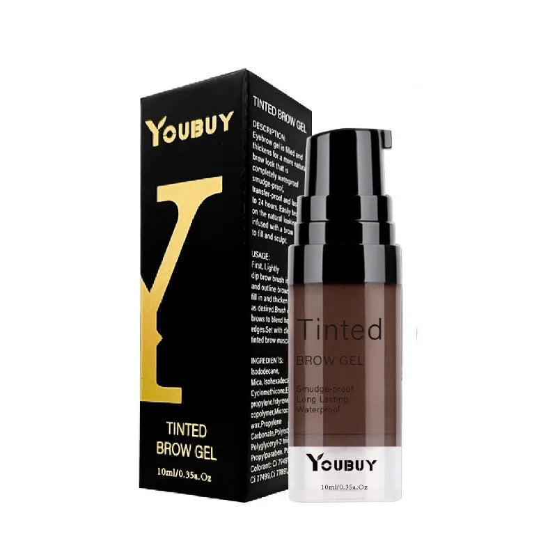 Waterproof brow cream tube with applicator in dark grey or golden yellow for eyebrow definition