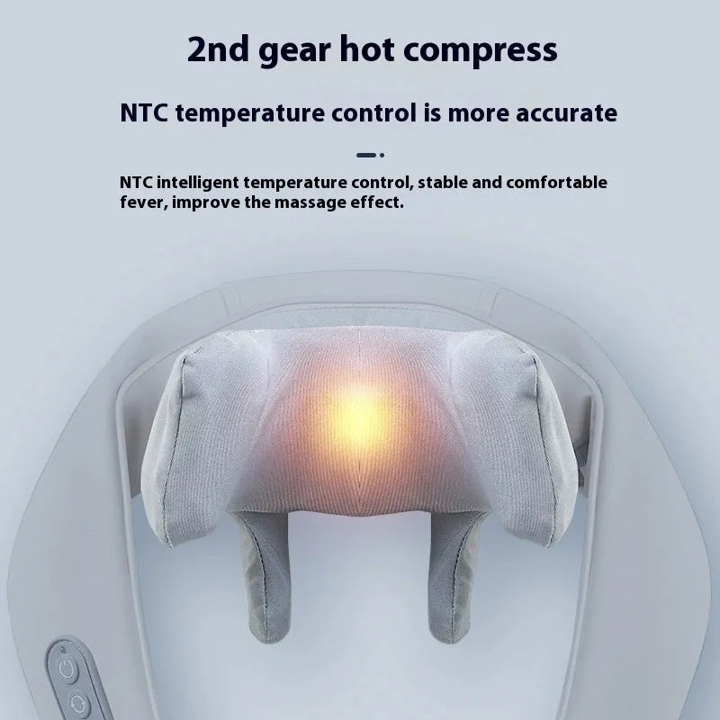 Grey elastic fabric USB rechargeable neck and back massage instrument with two gears.