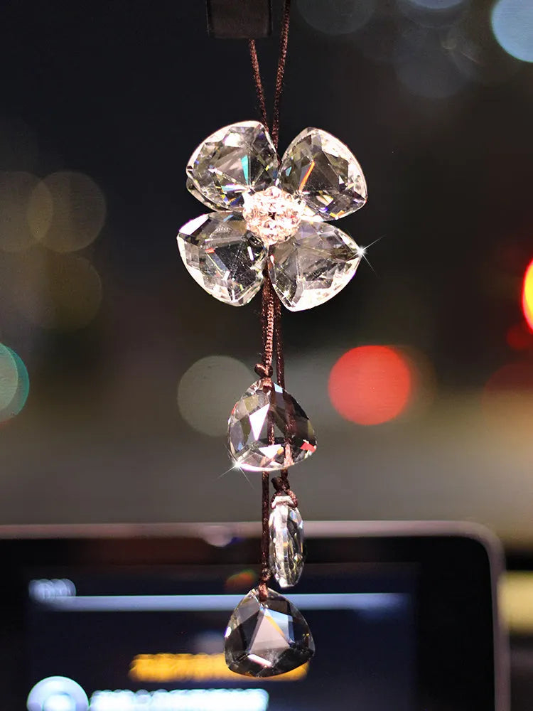 Crystal four leaf clover car pendant ornament in transparent, champagne, black, or shiny finish, approx 20 cm.