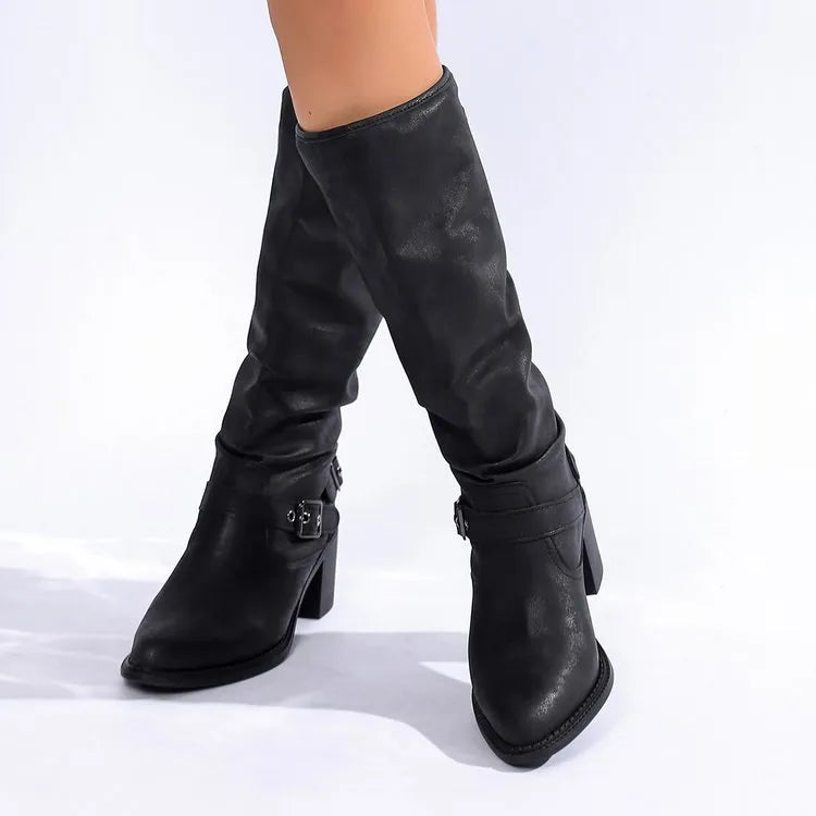 Black women's buckle chunky heel ankle boots with pointed toe, 6-8cm high heel and high cylinder shaft.