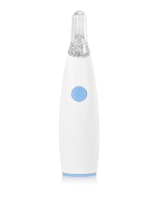 Rotating earwax vacuum cleaner with silicone spiral head, large blue handle, and LED light on display