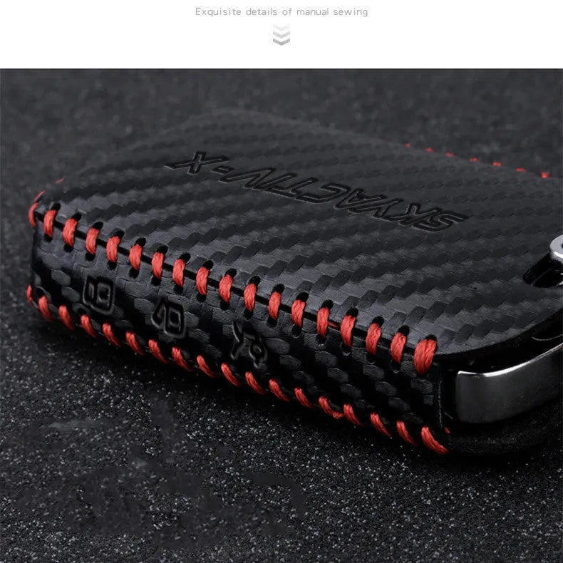 Black cow leather car key case for Angkersaila with 3D carbon fibre pattern and red line option