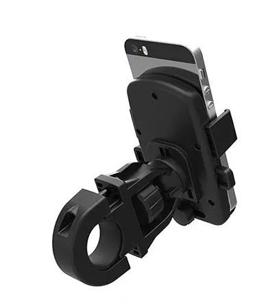 Black ABS plastic bicycle handlebar phone holder with a secondary safety strap.