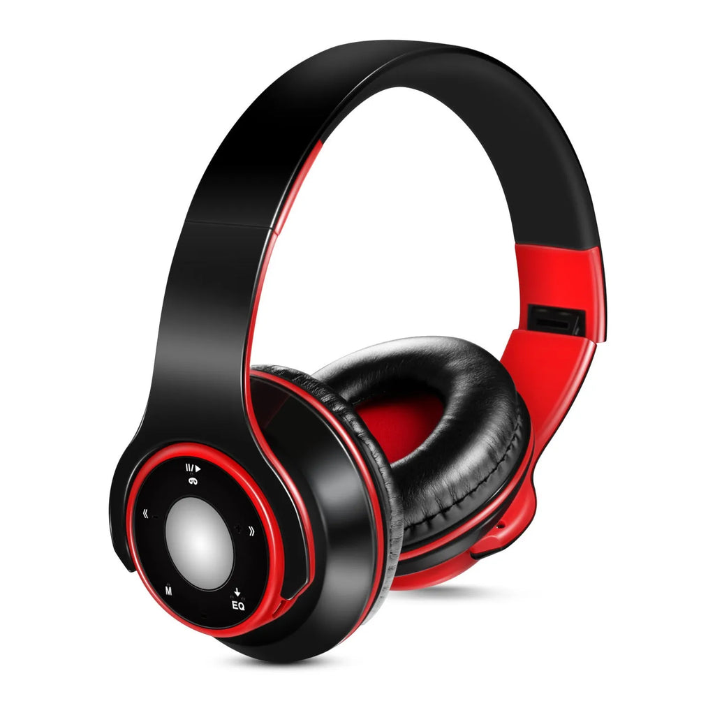 A foldable wireless Bluetooth over-ear headset in blue, showing adjustable hinges and ear cups.