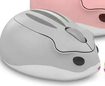 Hamster wireless Bluetooth mute mouse in grey, pink, or yellow colour on a desk.