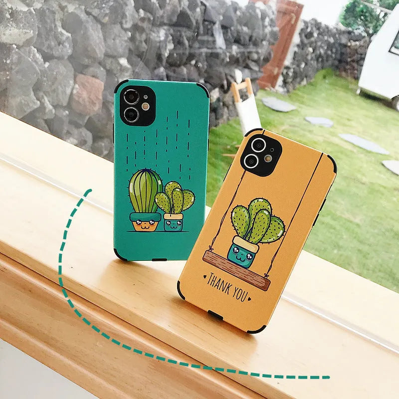 Cactus embossed iPhone case in blue or khaki, TPU and leather back cover with cartoon cactus design