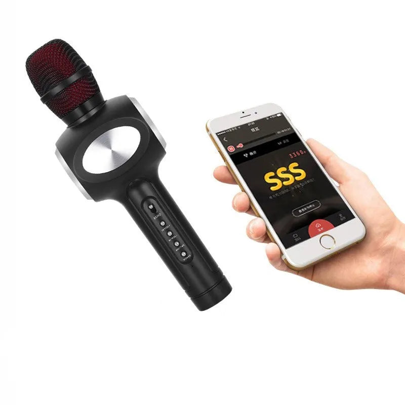 Yaerjia E108 handheld karaoke microphone in black, gold, or pink with rechargeable battery.