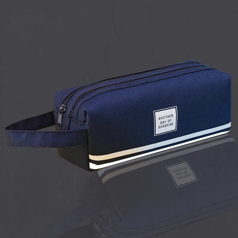 Canvas double-layer stationery box for junior high school students Oxford cloth pencil case with double zipper in blue