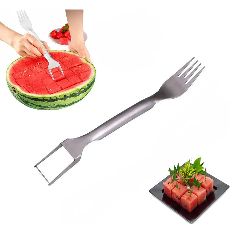 2-in-1 stainless steel watermelon slicer fork 26cm silver kitchen fruit cutting tool