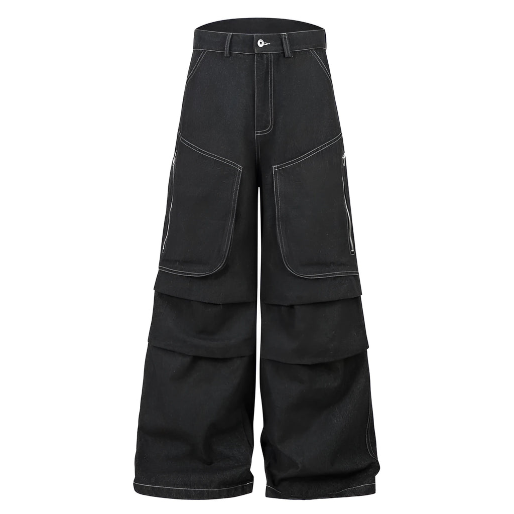 Black multi-pocket pleated workwear jeans with mid-waist fit and trousers length