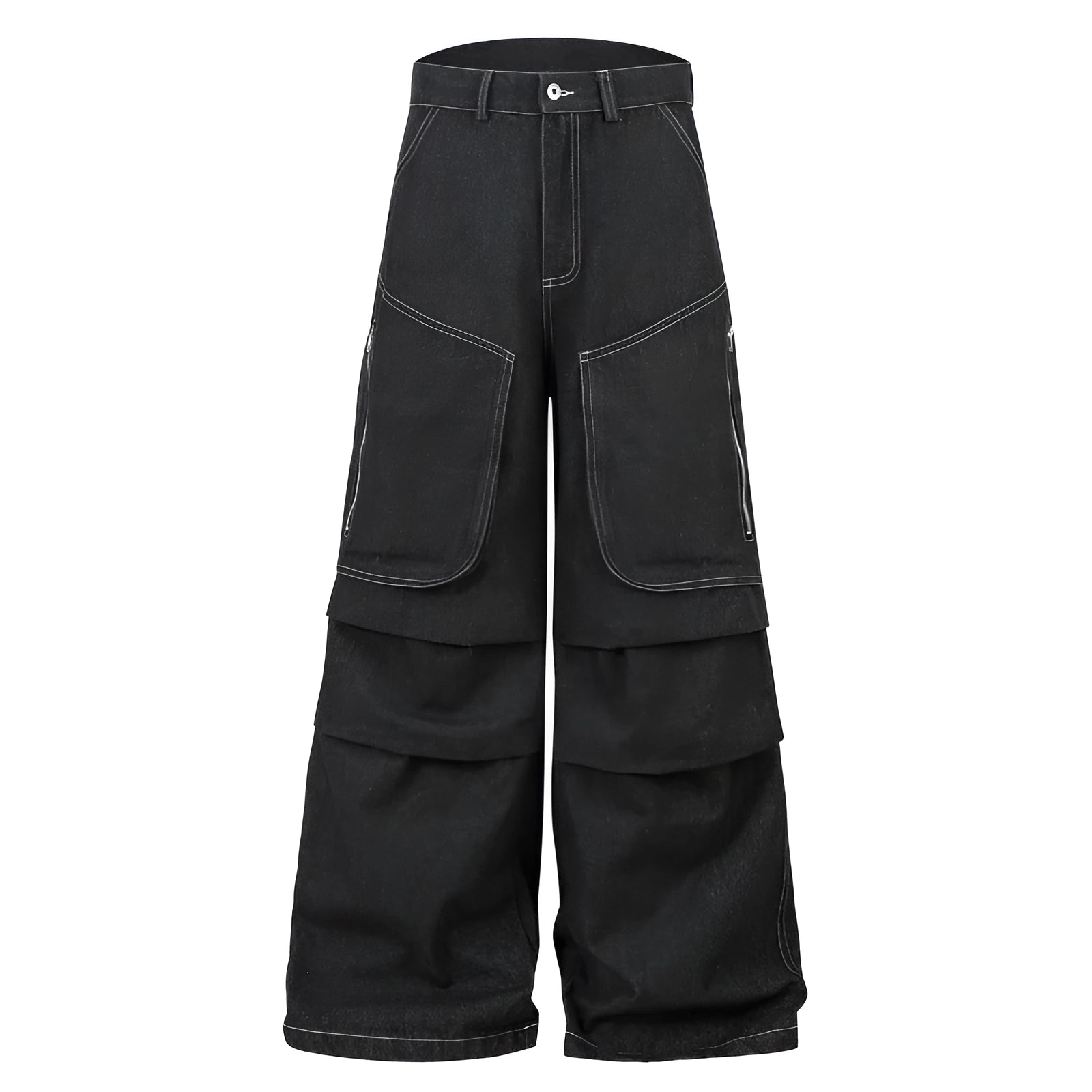 Black multi-pocket pleated workwear jeans with mid-waist fit and trousers length