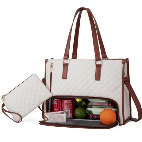 Women's quilted 2-in-1 thermal lunch tote bag with purse, 42 x 32cm, artificial leather, crossbody laptop storage