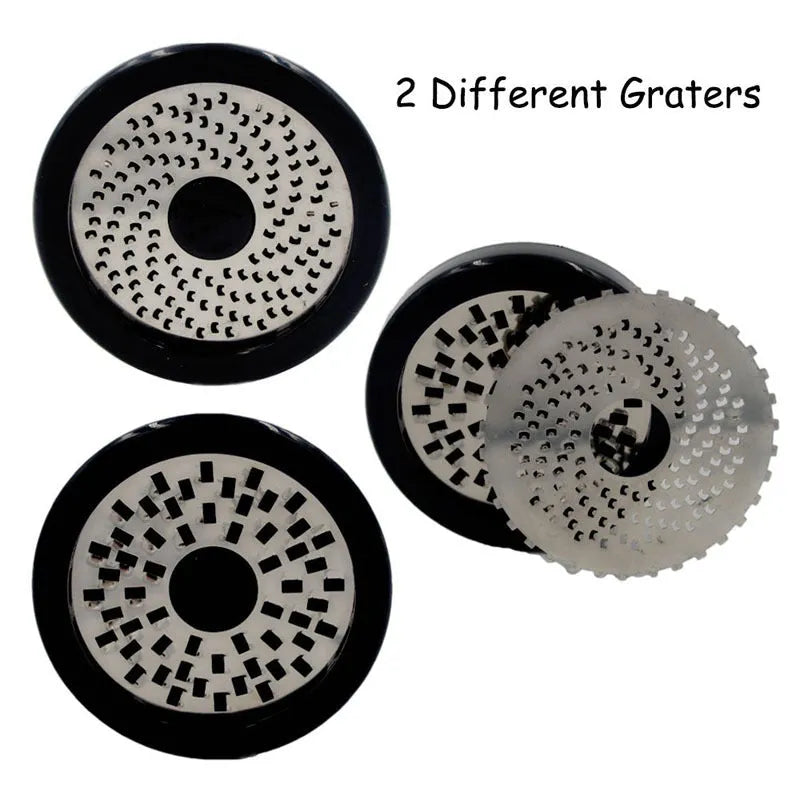 Stainless steel rotary cheese grater 17cm tall with black and white finish, hand crank and two blades