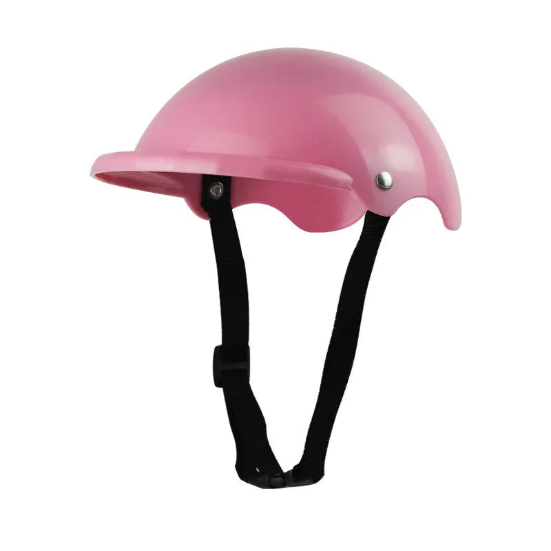Small S size plastic pet motorcycle helmet shown in pink, black, yellow, and green colour options.