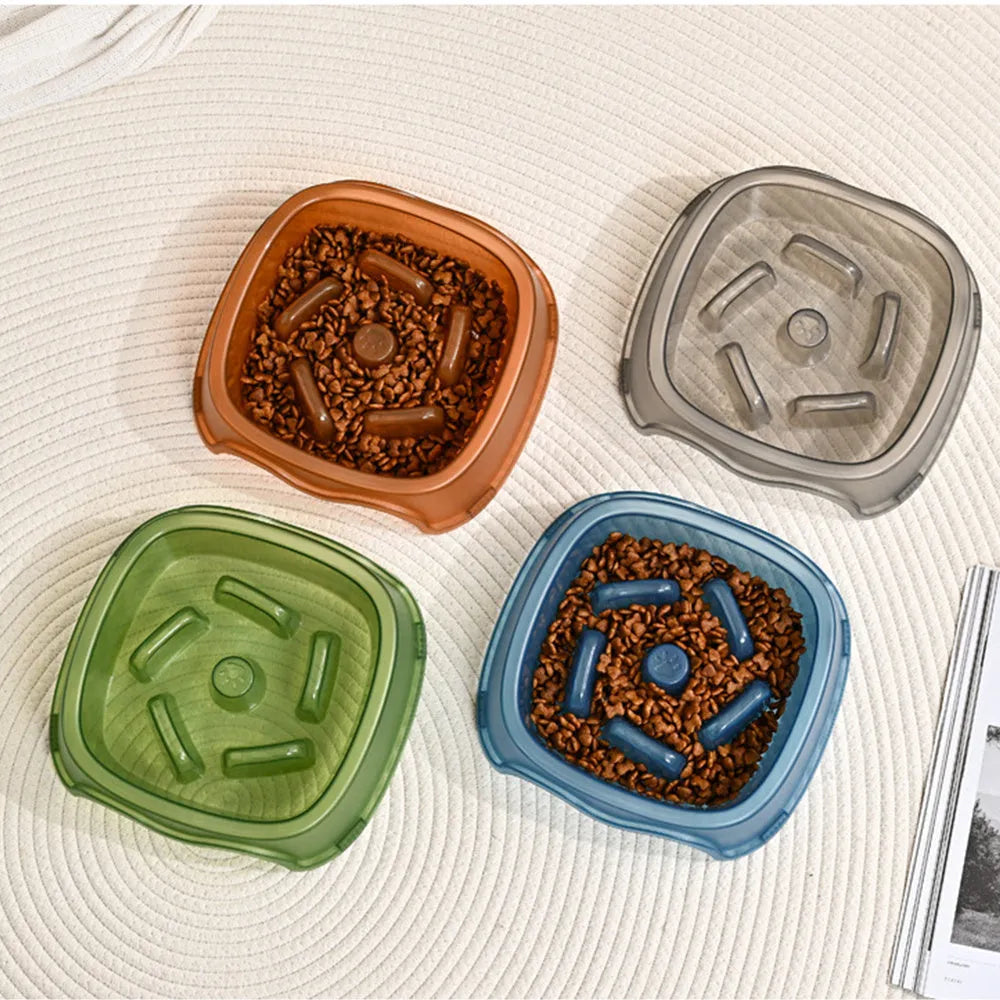 Plastic slow feeder dog bowl with maze pattern design in blue colour for anti-choking feeding