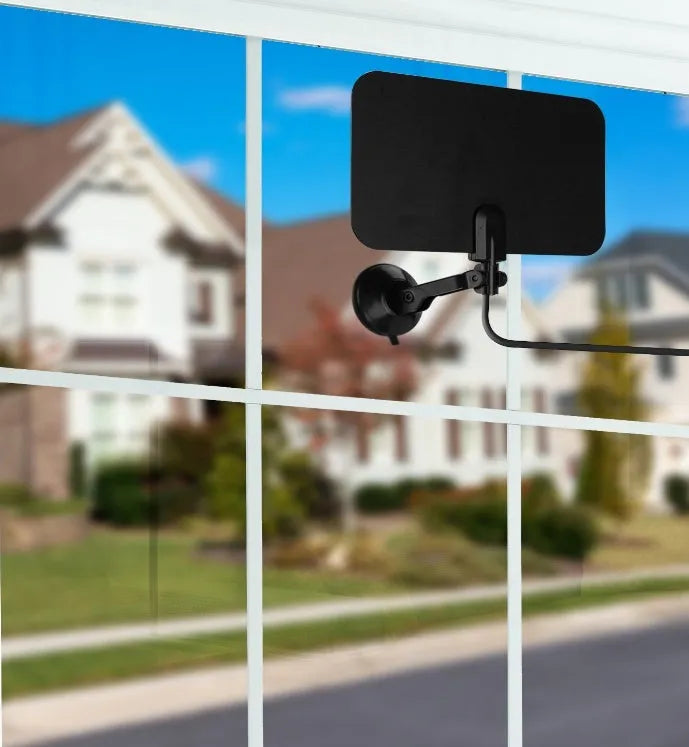 Indoor TV antenna with signal booster, compact design, EU or US plug, for freeview and local channels.