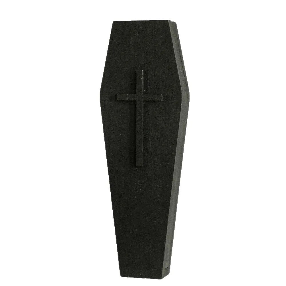 Black wooden cross-shaped wall shelf with dimensions 27cm by 9cm for displaying small decorative items.