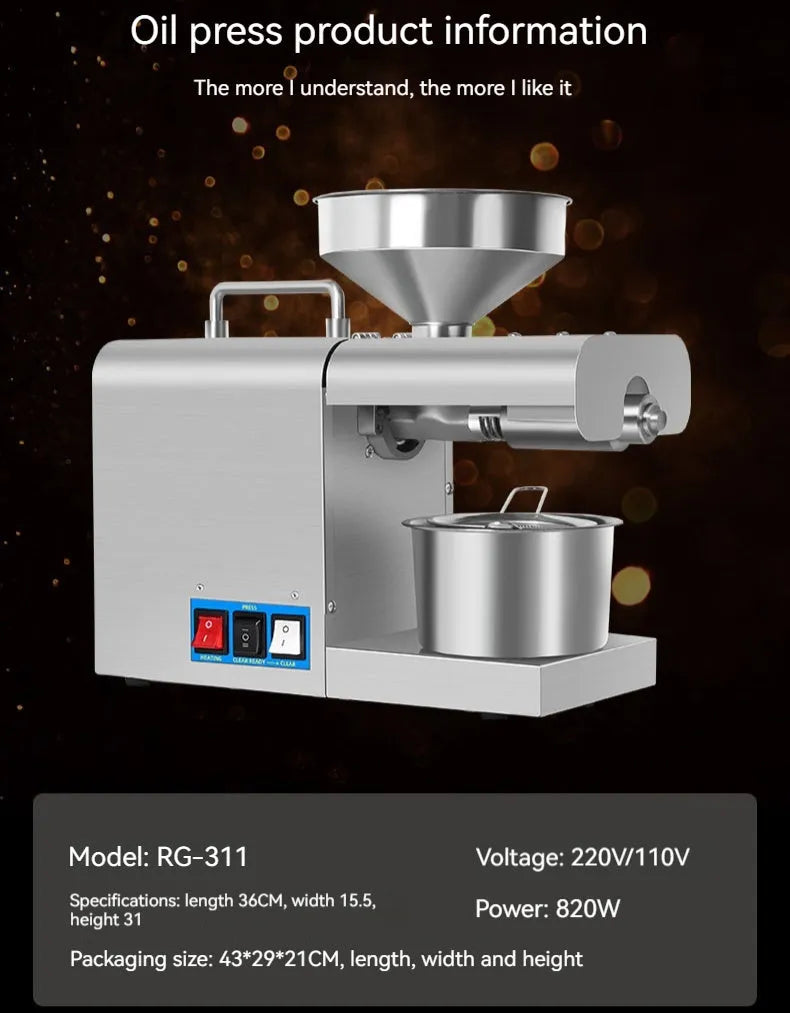 Xiangwei RG-311 and RG-312 household oil press, 820W, compact 36cm countertop model with digital display option.