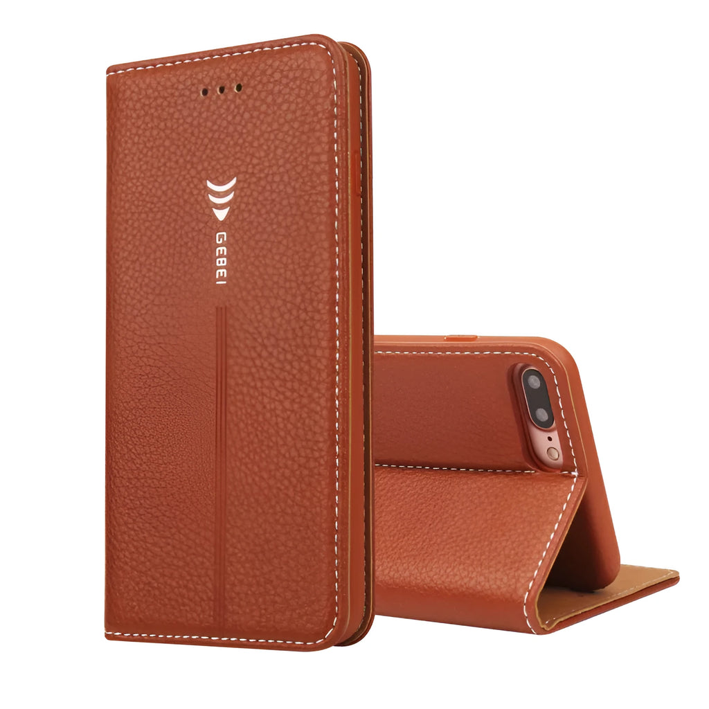 PU leather wallet phone case for iPhone with card slots in black, blue, brown, khaki, and pink colours.