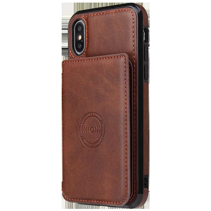 Imitation leather card wallet phone case for iPhone 11 in black, showing card slot on back.