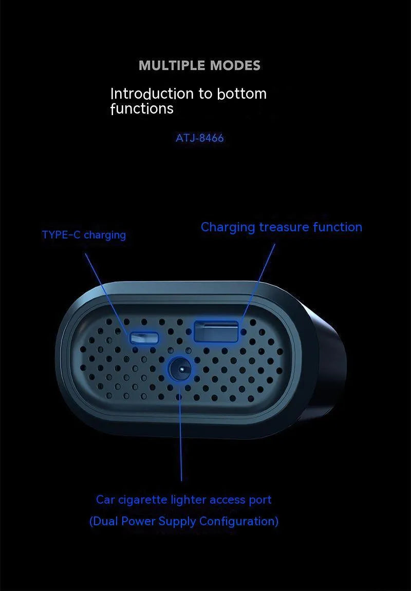 Handheld wireless car air pump with digital display showing pressure reading, includes air hose and multiple nozzle attachments