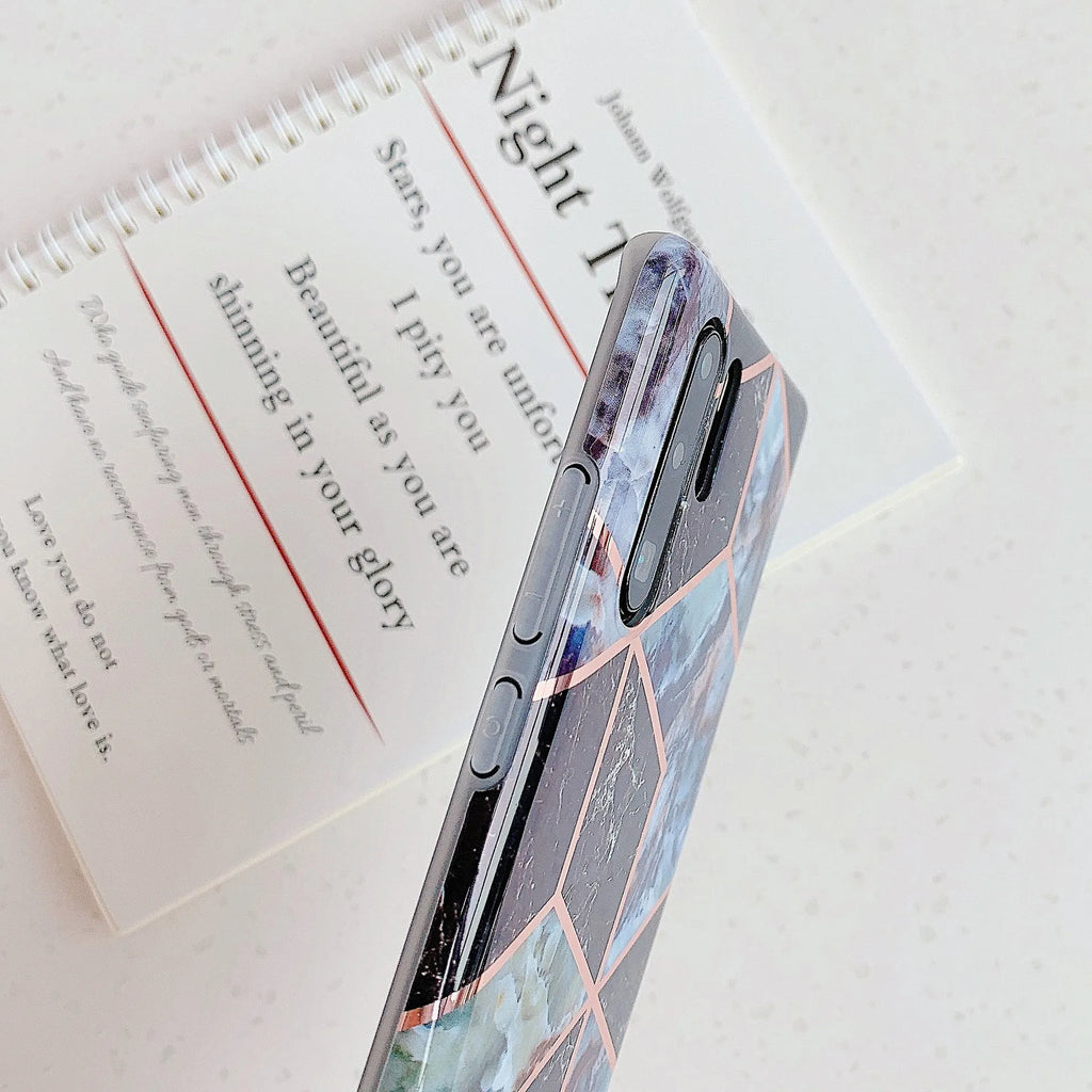 Electroplated marble finish mobile phone case for Huawei and Samsung smartphones in various colours.