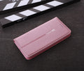 PU leather wallet phone case for iPhone with card slots in black, blue, brown, khaki, and pink colours.