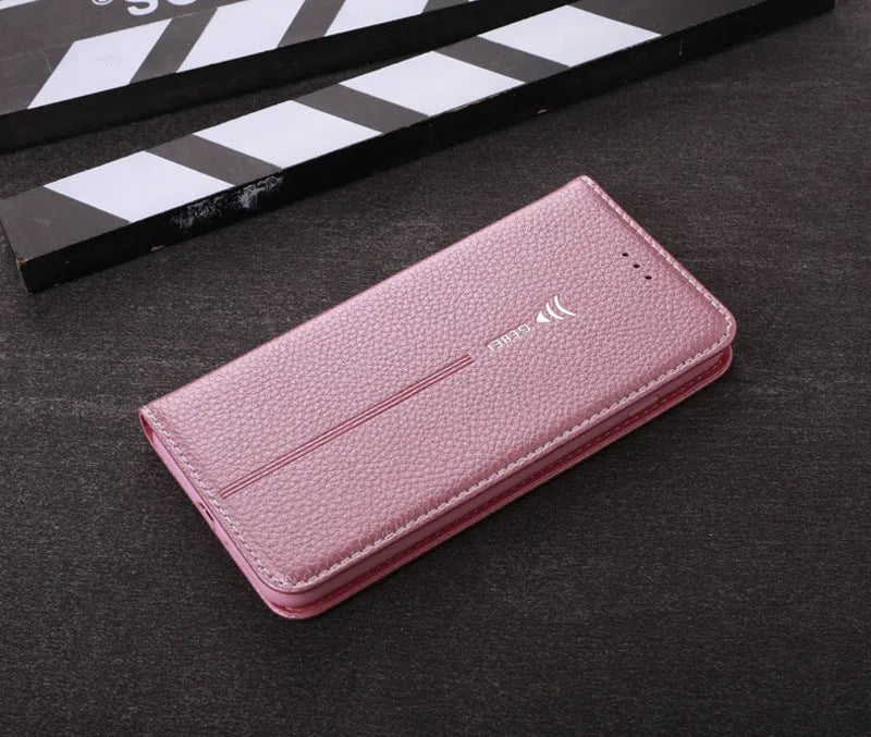 PU leather wallet phone case for iPhone with card slots in black, blue, brown, khaki, and pink colours.