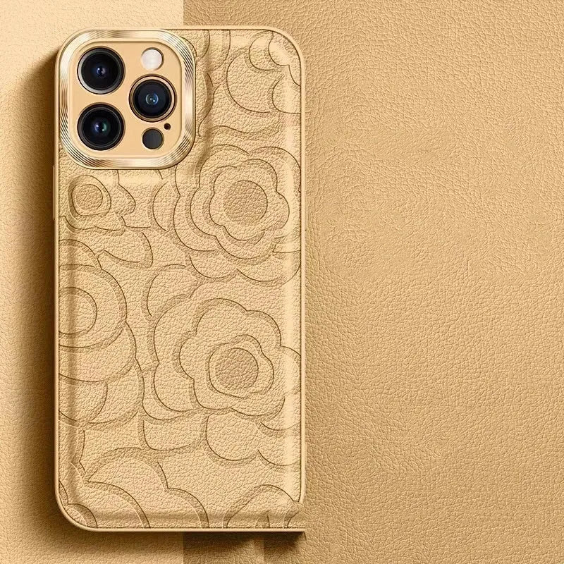 Camellia leather pattern drop-resistant phone case for iPhone with soft edge hard back design in Antique White