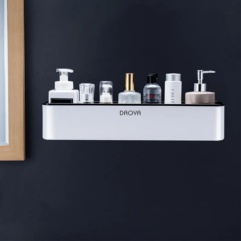 Plastic bathroom wall shelf with hole-free installation for shampoo and cosmetic storage