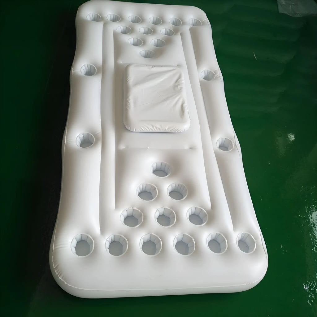 Inflatable beer pong buoy pool float in PVC, 180 cm x 75 cm x 15 cm, blue 24 holes or white 28 holes