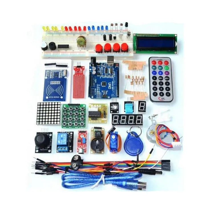 RFID upgraded Arduino starter kit with UNO R3 board, stepper motor, servo, breadboard, and modules