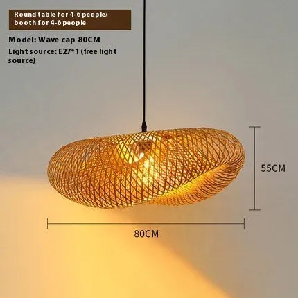 Bamboo woven hanging lamp with straw hat shape in natural material showing texture details