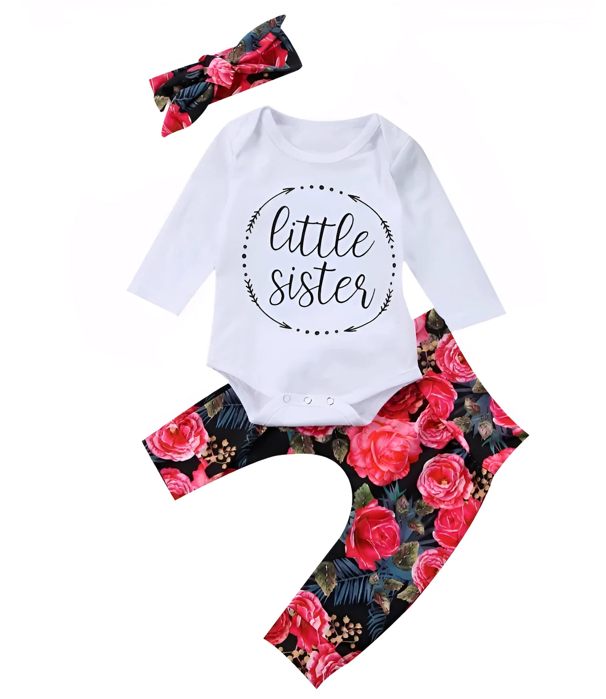 Girls autumn three-piece clothing set with long-sleeved top, bottoms, and hair band in Flower or White, sizes 70cm to 100cm